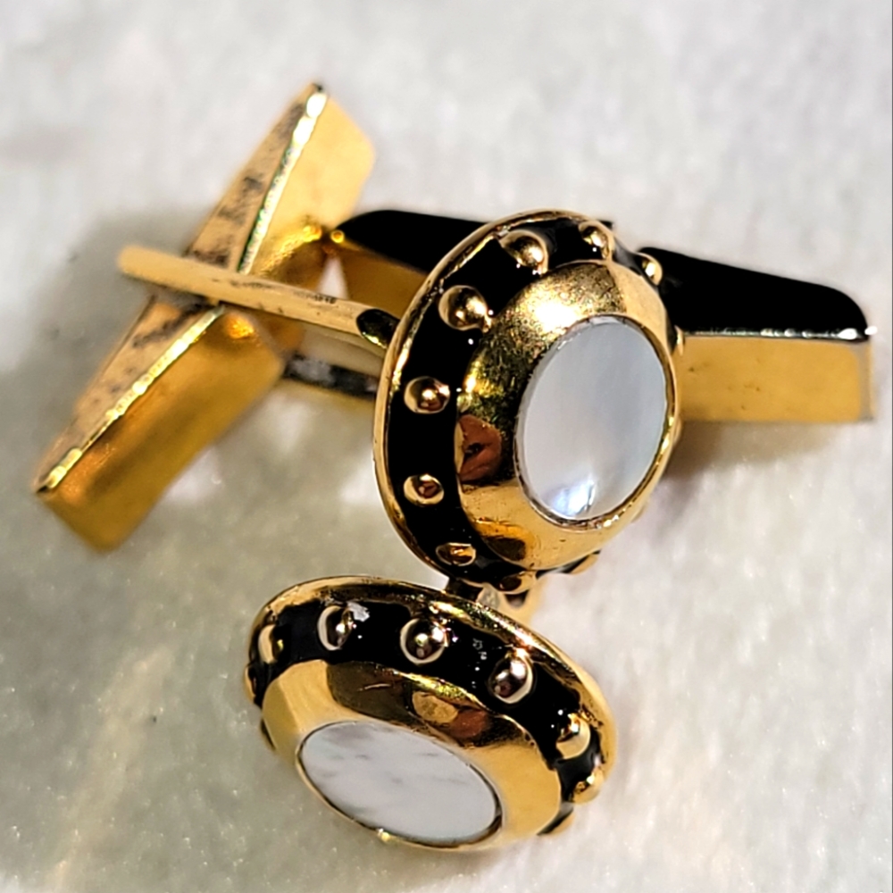 Vintage Art Deco Men’s Button Links Abalone Mother of Pearl Gold Tone